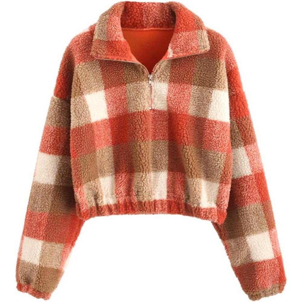 Women's Orange Plaid Long Sleeve Lapel Half Zip Plain Faux Fur Sweatshirt Solid